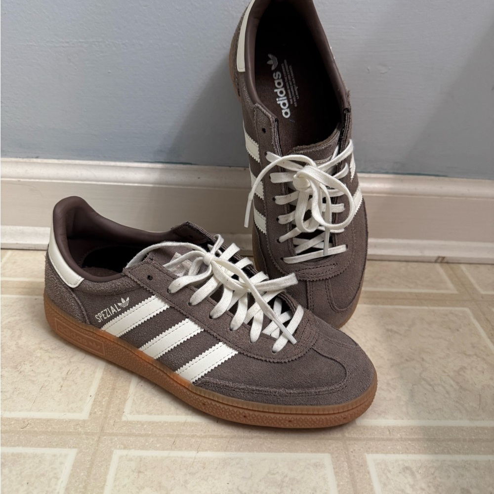 adidas Spezial Suede Sneakers in Brown and White with Gum Sole